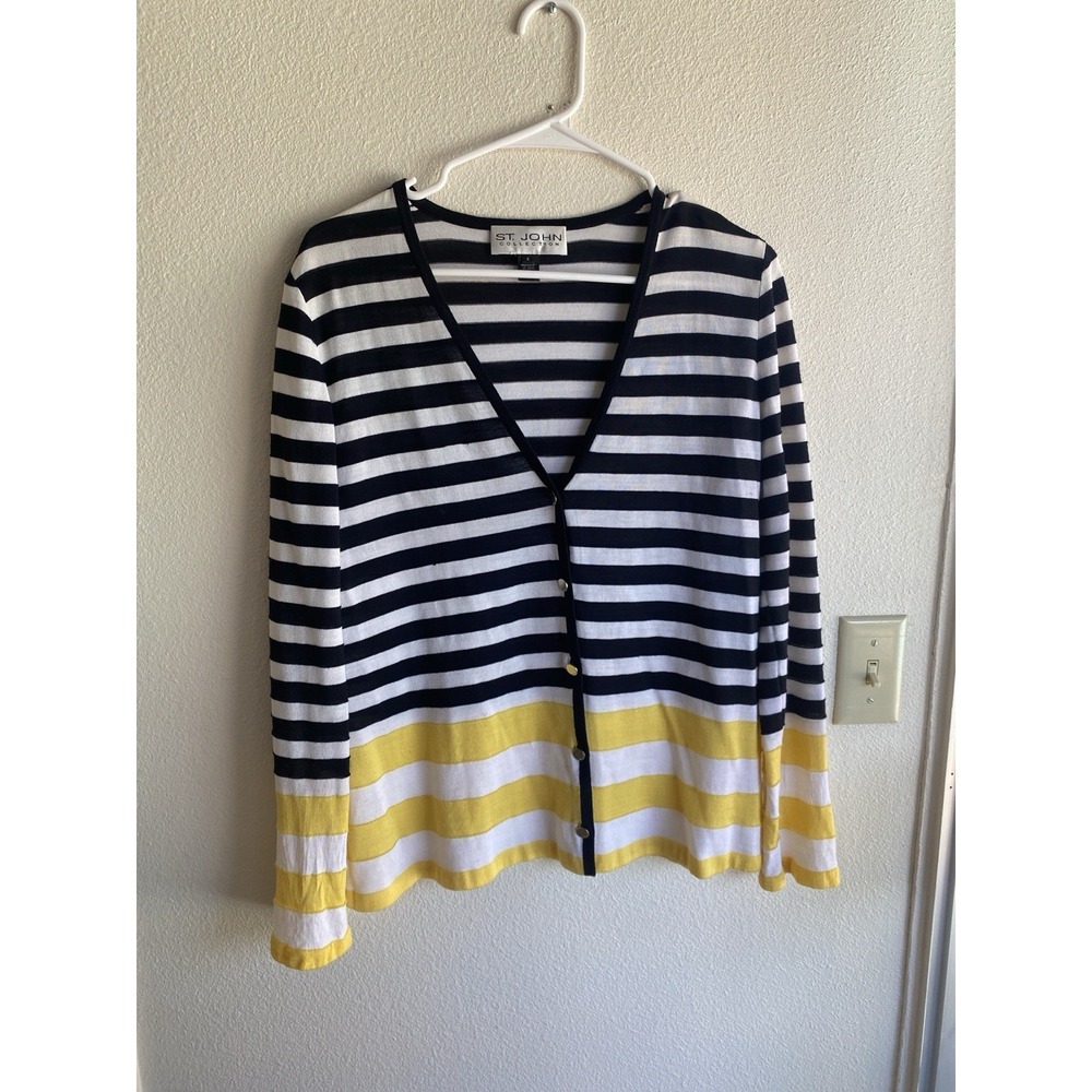 St. John Collection Women's Sz S Black White Yellow Stripe Knit Cardigan